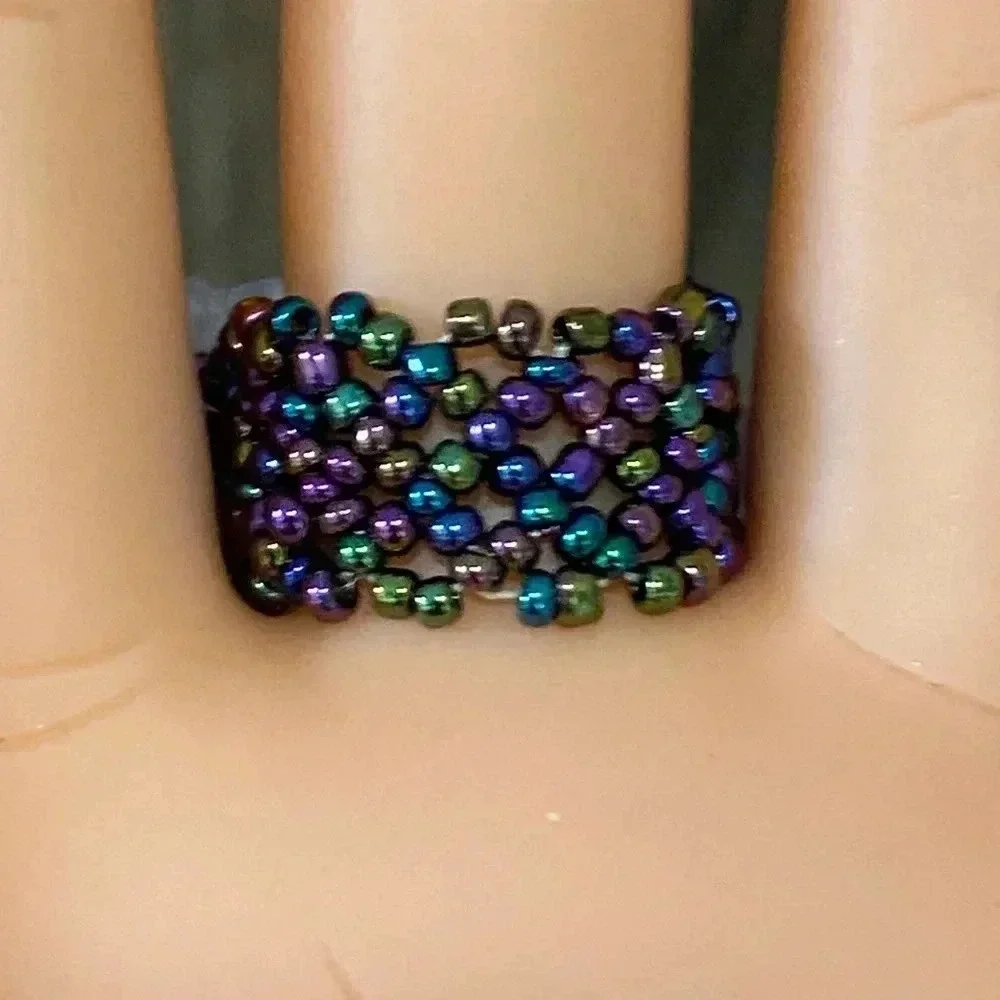 Amethyst Purple Handmade Seed Bead and Stone Chips Stretch Ring